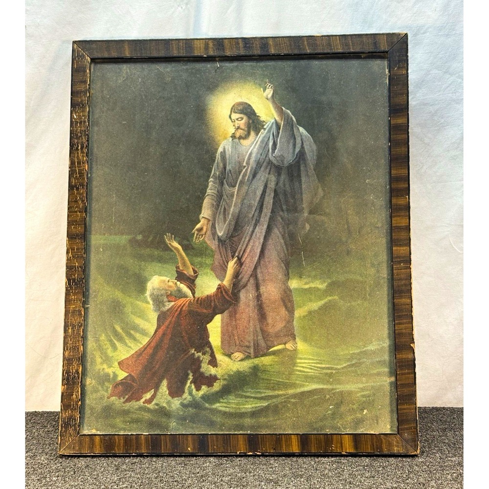 Framed Vintage Christian Print Jesus Saves Peter Walking on Water